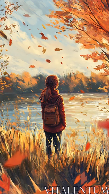 Solitary girl beside autumn lake under swirling leaves.