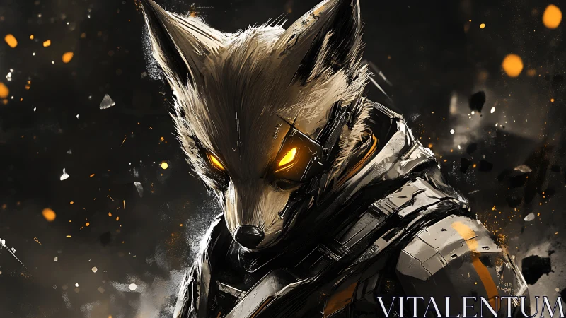Armored cybernetic fox warrior amid blazing embers.