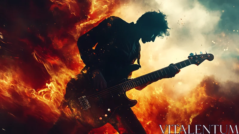 Silhouette guitarist plays electric bass amid swirling fire