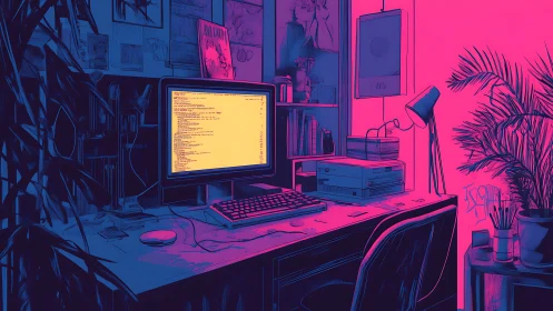 Retro programmer desk in neon magenta and cyan lighting.