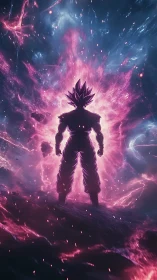 Anime warrior silhouette amid cosmic pink energy storm.