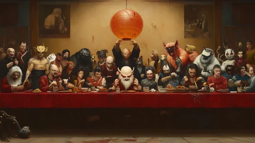 Mythic misfit supper gathers monsters in warm candlelight