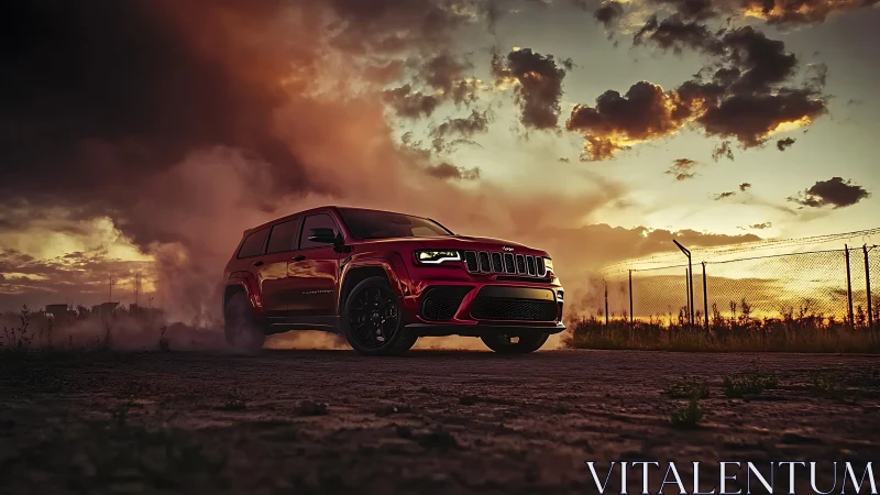 Crimson SUV storms dusk highways in wildfire twilight haze.