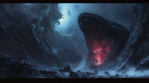 Colossal alien maw glows over storm-lashed abyssal valley.