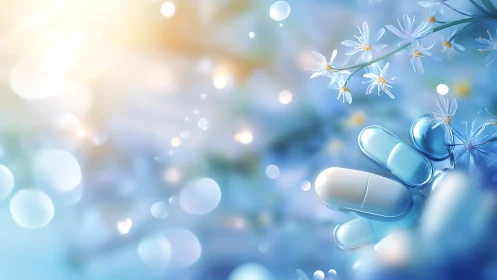 Pharmaceutical capsules rendered in soft bokeh with floral bioactive context