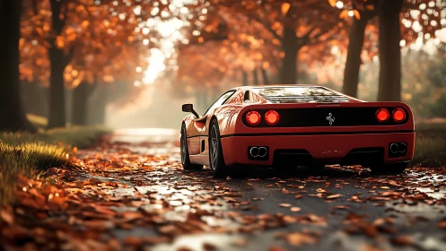 Scarlet supercar savors a leaf-lit autumn tunnel of speed