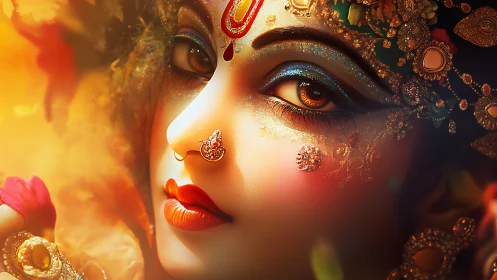 Digital painting portrait of ornate goddess visage in gold light.