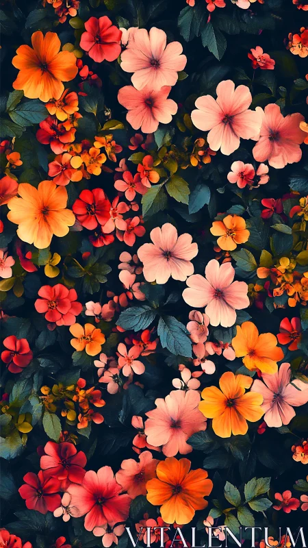 Dense floral arrangement displaying multiple bloom types layered across dark foliage background.