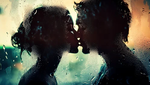 Silhouetted Couple Kissing Through Rain-Covered Glass.