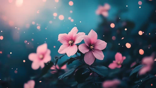 Pink flowers bloom under dreamy teal lights and bokeh.