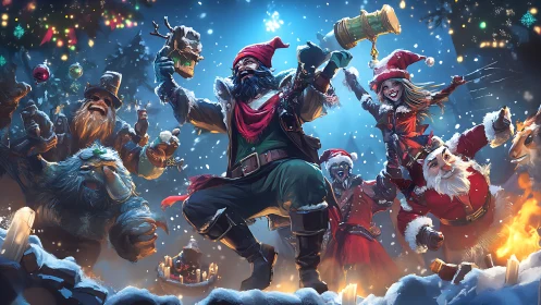 Rebel Santas storm a neon snowstorm of chaotic cheer.