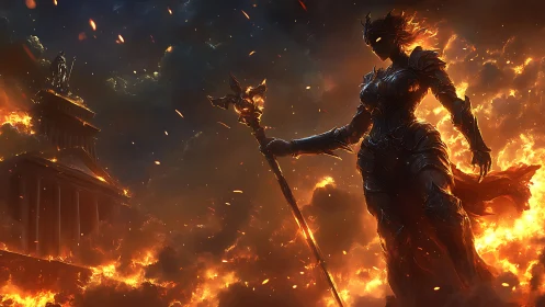 Firelit warrior goddess rising over a blazing ancient city.