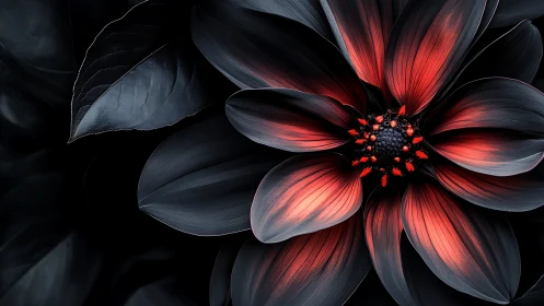Dark Flower with Red Petals and Black Center Against Black