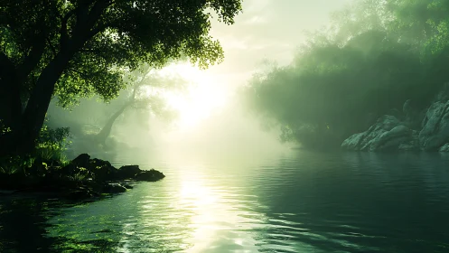 Tree-lined riverbank in soft morning mist and sunlight.