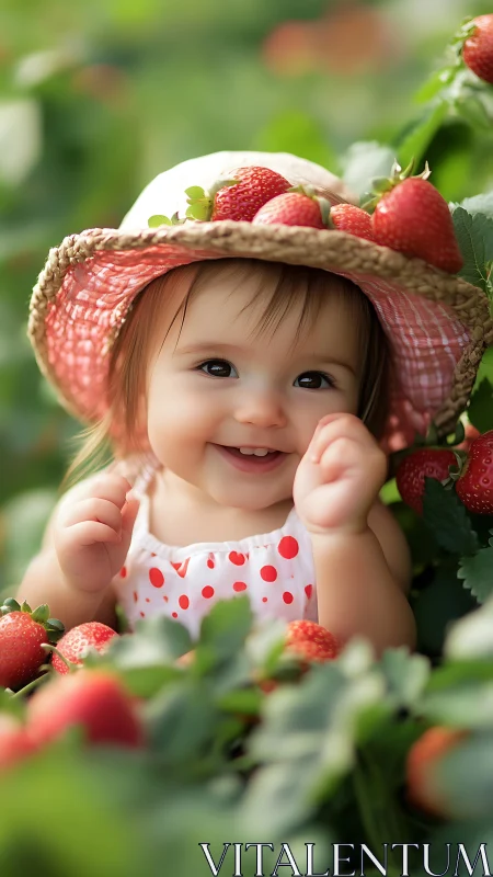 Joyful child picking strawberries in sunlit garden orchard