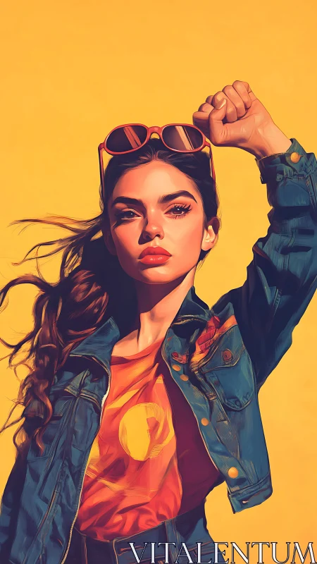 Bold digital portrait of stylish woman in denim, vivid yellow ground.