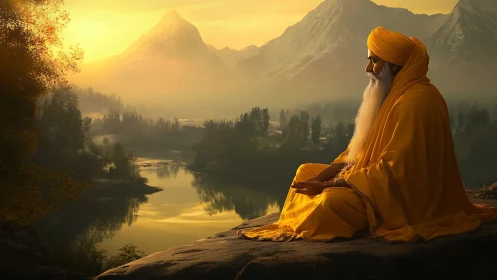 Golden-robed sage meditating by alpine lake at sunrise.