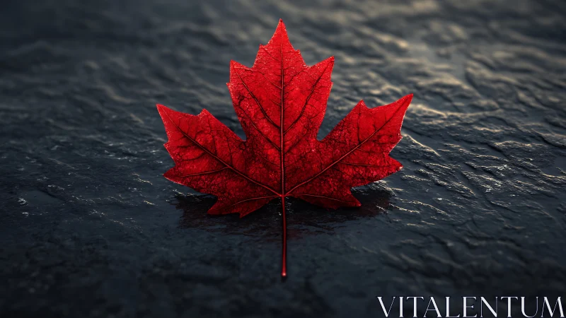 Crimson maple leaf on wet stone with cinematic edge lighting.