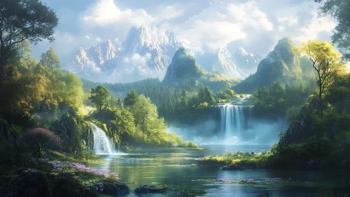Mountain landscape shows waterfalls, forest, river, and mist