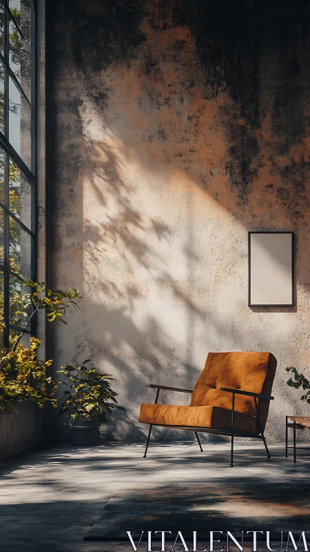 Modern lounge chair in sunlit industrial concrete interior.