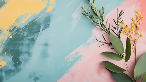 Botanical stems on pastel abstract teal and coral background.
