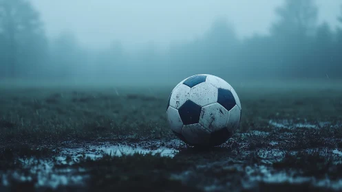 Soccer ball rests on wet grass in a foggy outdoor field