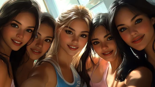 Group of Five Young Women Smiling in Sunlit Room, Digital Art Style.