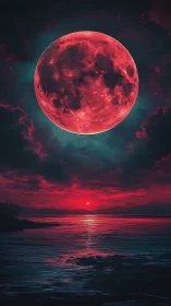 Crimson supermoon dominates a neon-lit ocean horizon