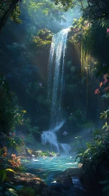 Sunlit jungle waterfall cascades into a tranquil turquoise pool
