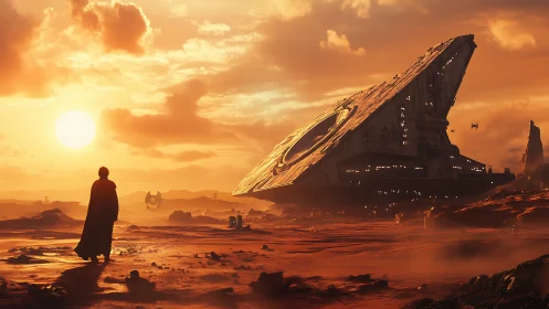 Desert wanderer studies crashed star destroyer at sunset.