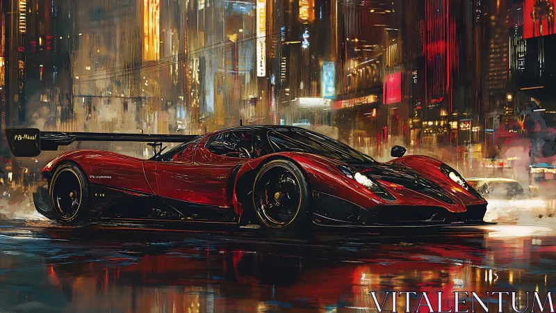 Sleek red hypercar roars through neon soaked city streets.