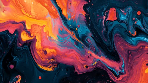 Fluid abstract swirls in orange, pink, teal, and black.