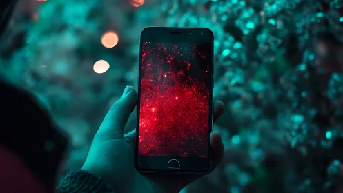 Handheld smartphone reveals vivid red nebula against teal bokeh