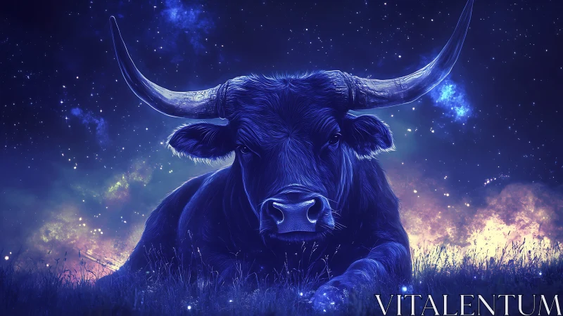 Celestial longhorn bull resting in luminous nebula meadow