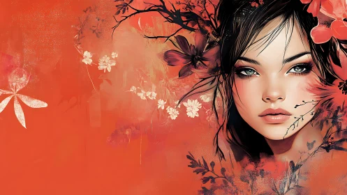 Floral portrait of woman against vivid orange background.