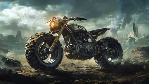 Post-apocalyptic off-road motorcycle in cinematic digital painting.