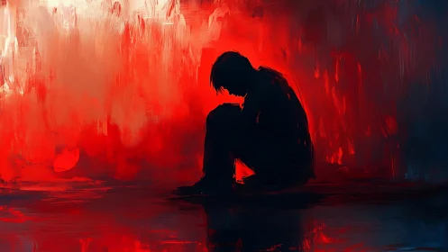 Silhouetted figure in red abstract field conveys isolated despair