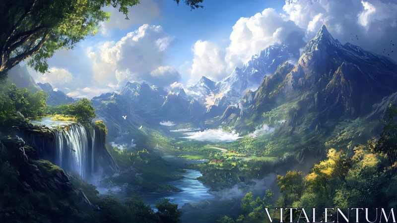 Mountain valley landscape with waterfall and distant village.