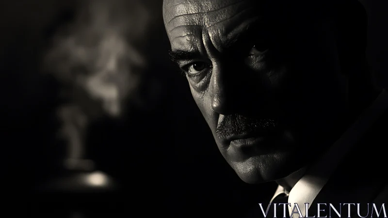 High-contrast monochrome portrait uses hard key lighting on stern face