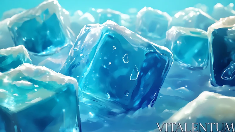 Vibrant blue ice cubes in close-up frozen landscape.