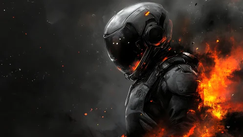 Armored space operative rendered amid asymmetric combustion plumes