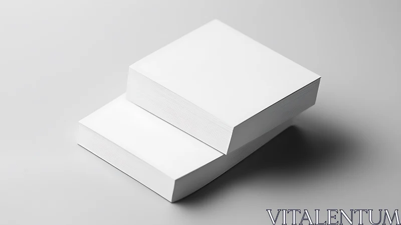 Minimalist stacks of blank white paper rest on gray surface.