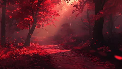 Crimson Forest Passage: Where Shadows Dance in Flame.