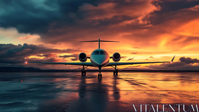 Business jet on wet runway under vivid sunset sky.