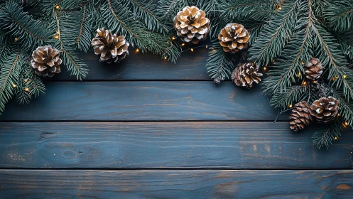 Fir branches and pine cones border horizontal wooden planks