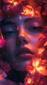 Luminous portrait merges glowing petals with wet skin.