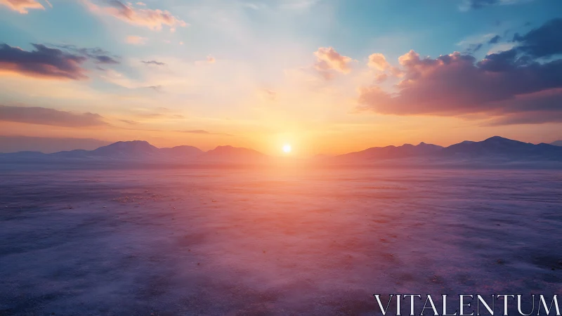 Low sun above flat frozen plain with distant mountain ridge.