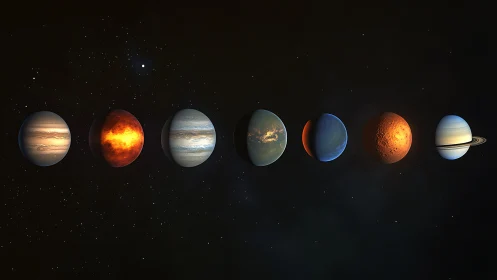 Row of digitally rendered exoplanets in a dark star field