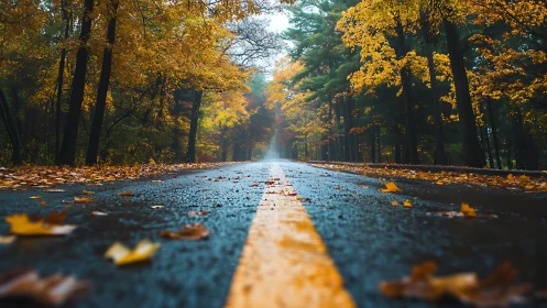 Autumn Boulevard Tree-Lined Road with Wet Asphalt Perspective.