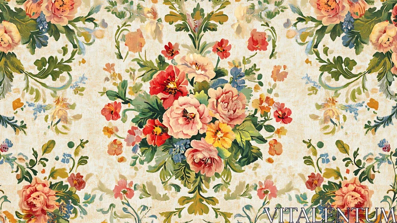 Vintage floral bouquet pattern on textured cream background.